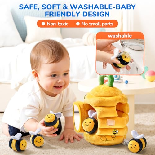 JoyCat soft baby beehive toy with 5 sensory bees for 6-12 months toddlers, rattle, crinkle paper, squeaker, mirror
