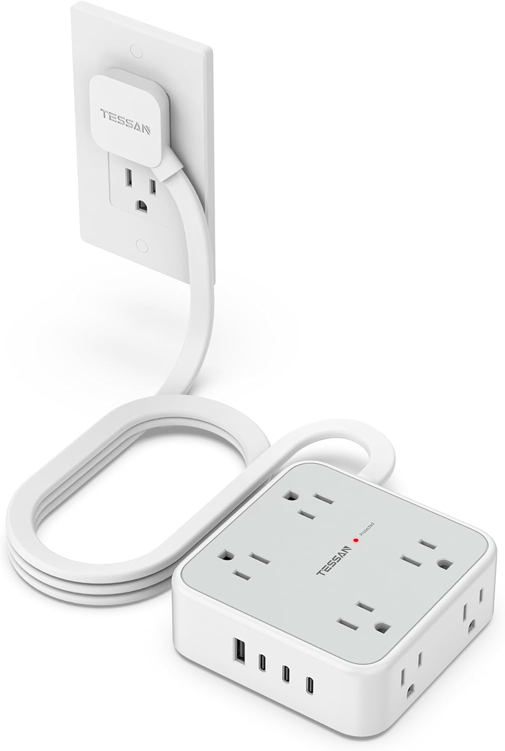 TESSAN 5 Ft flat plug extension cord with 3 USB, 8 outlets, 900J surge protection for office, dorm room essentials