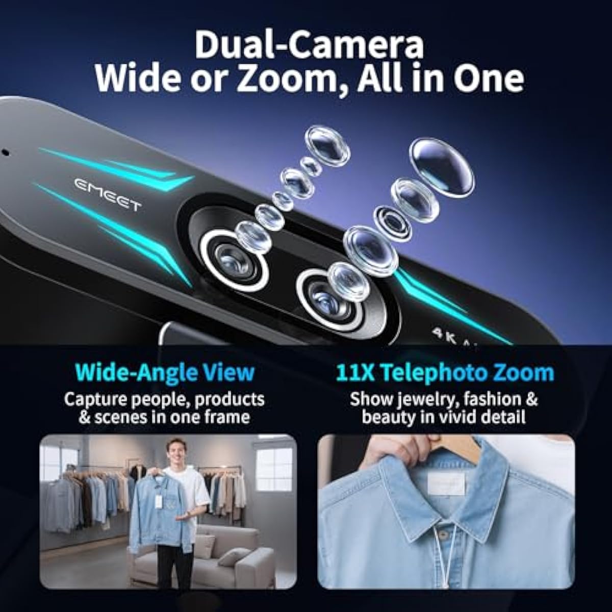 emmeet c60e 4k webcam streaming wide-angle telephoto cameras 11x hybrid zoom pdaf autofocus rgb lighting