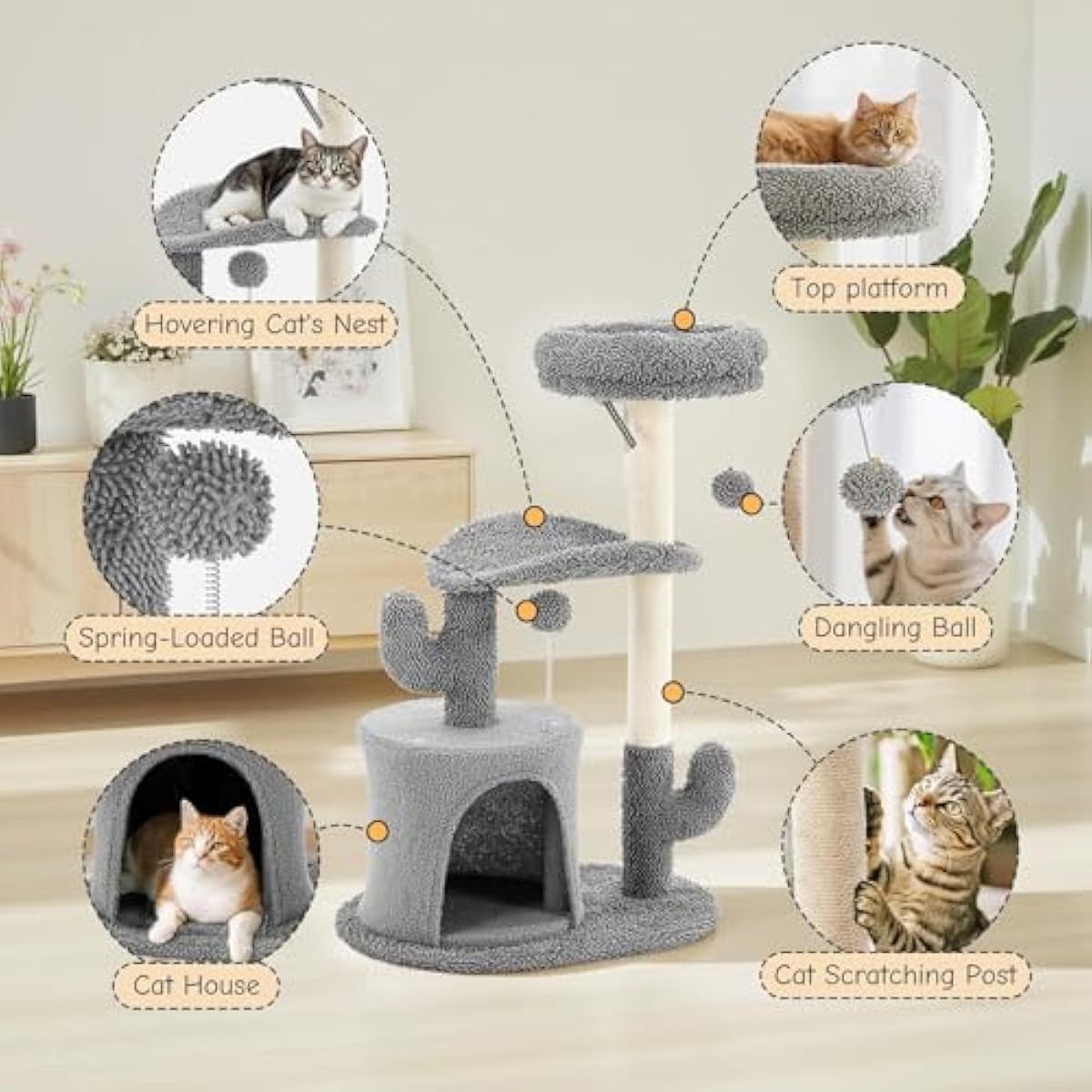 grey 33 inch multi-level cat tree tower with scratching posts and perches for indoor cats