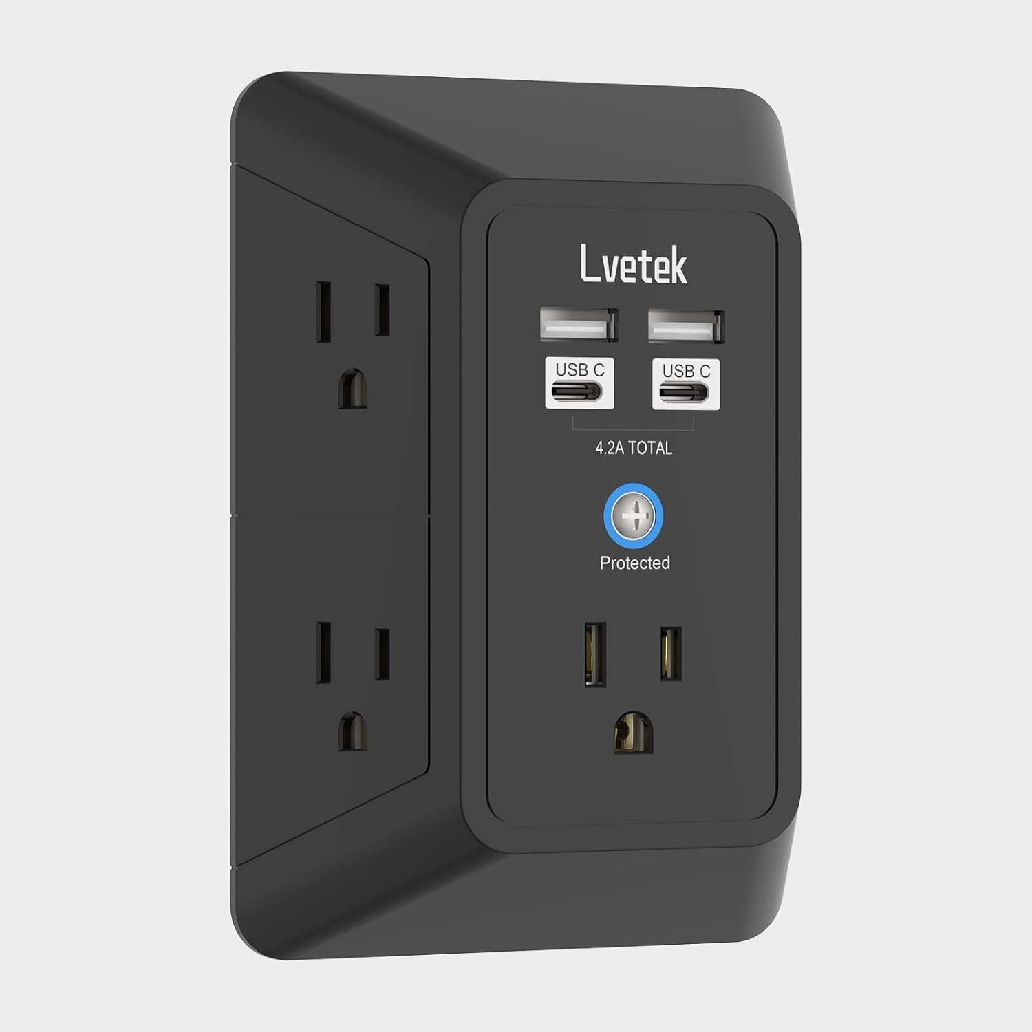 5 outlet wall extender with 4 USB charging ports, 3-sided surge protector, ETL listed, white
