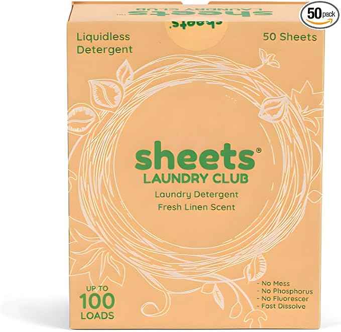 Sheets Laundry Club - Liquidless Laundry Detergent Sheets, 100 Loads - Fresh Linen Scent, Eco-Friendly, Quick-Dissolving Formula, Hypoallergenic, Septic Safe, Plastic-Free Packaging - 50 Sheets
