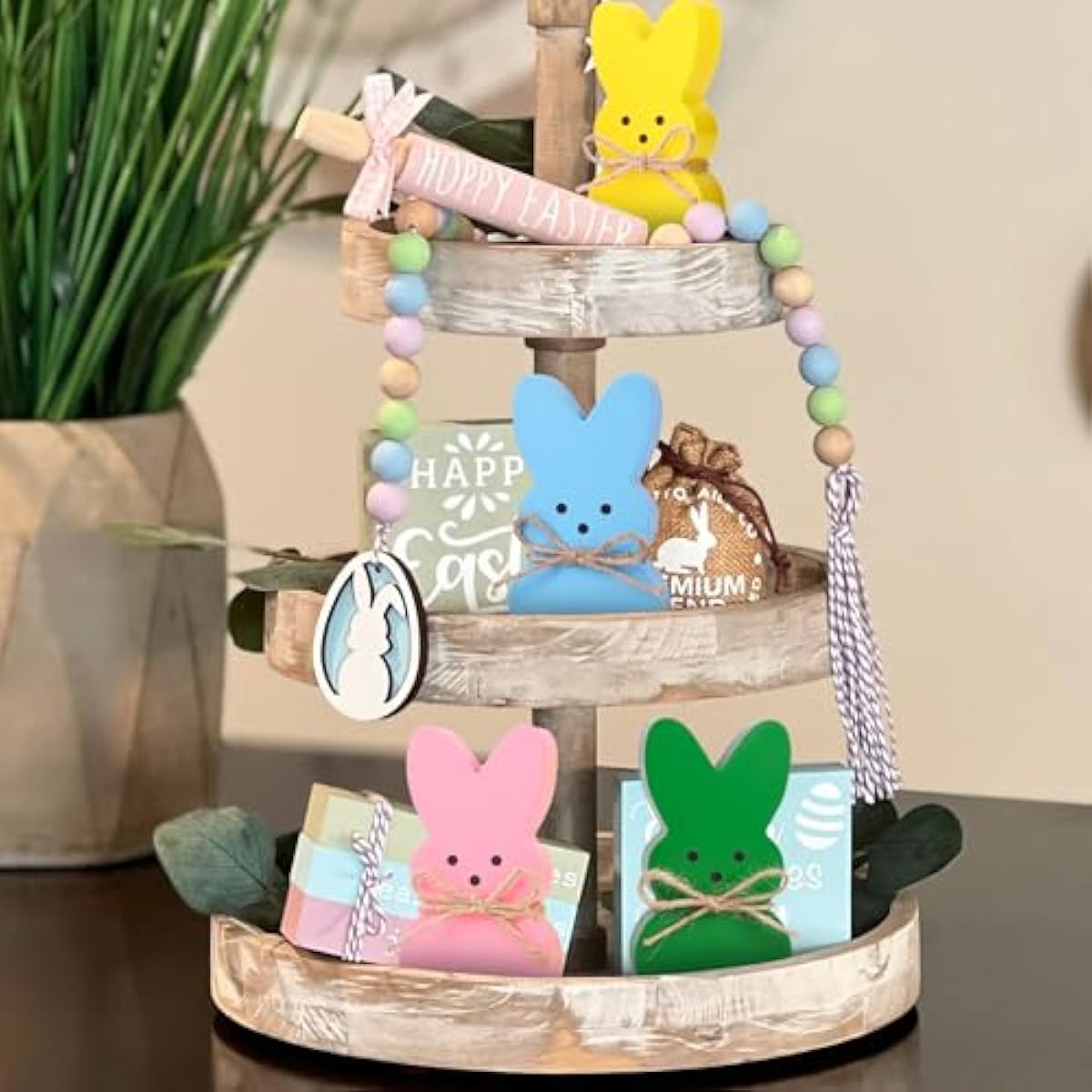 Easter Décor, 4 Pcs Wooden Peep Bunny Decorations for Tiered Tray, Mantel, Farmhouse, Cute Spring Signs for Home, Office, Party Supplies