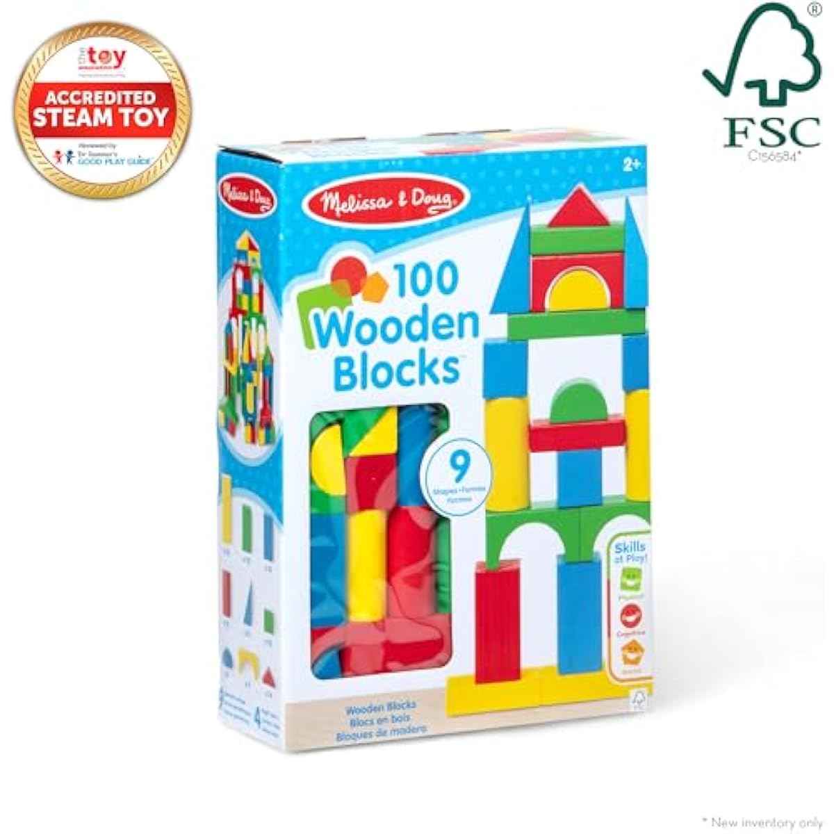 Melissa & Doug Wooden Building Blocks, 100-Piece Set of Sorting & Stacking Toys in 4 Colors and 9 Shapes, Classic Toddler Toys for Girls & Boys Ages 2+ - FSC Certified