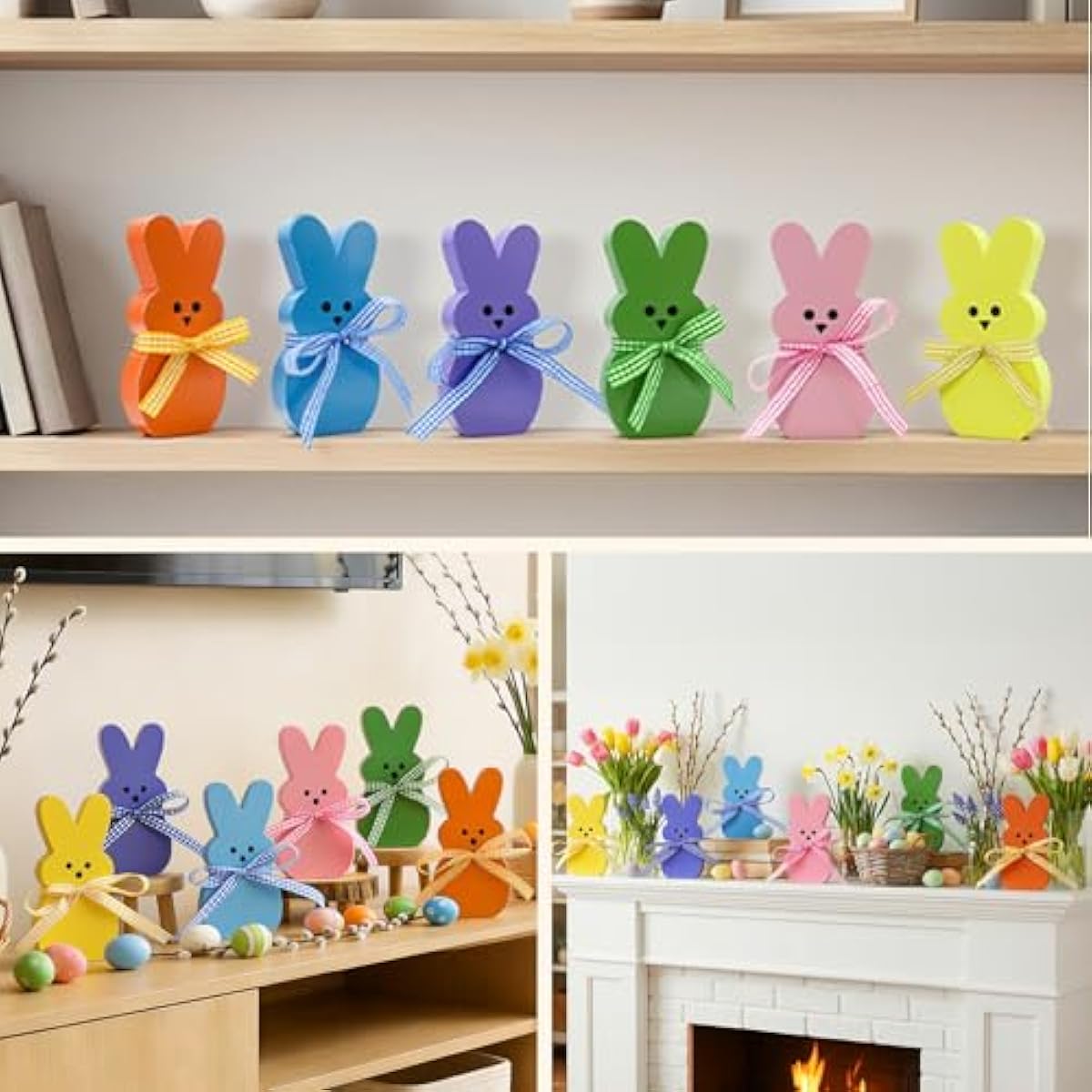 Easter Decorations for Home, 6 Pcs Wooden Bunny Table Decorations Signs with DIY Ribbons, Indoor Spring Easter Decor for Office Bedroom Kitchen Tiered Tray Mantel Shelf, 4.28 Inch