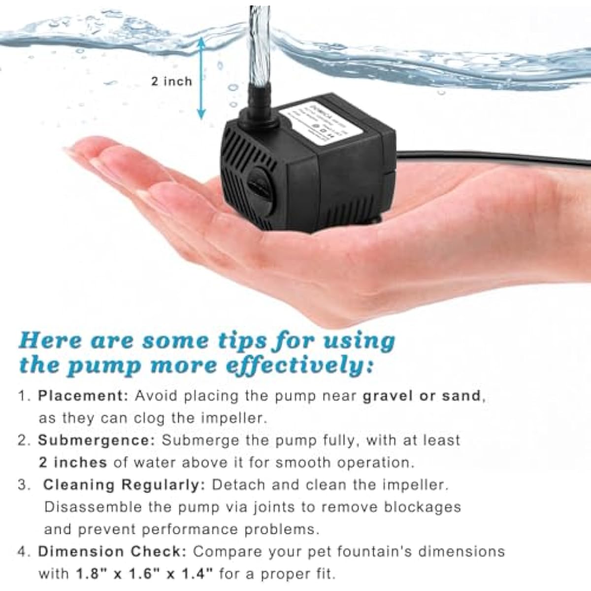 90 GPH Mini Submersible Pump, Small Fountain Pump (5W 350L/H) for water feature, Aquariums, Fish Tank, Tabletop Fountain, Pet Fountain, Indoor or Outdoor Pond Fountain