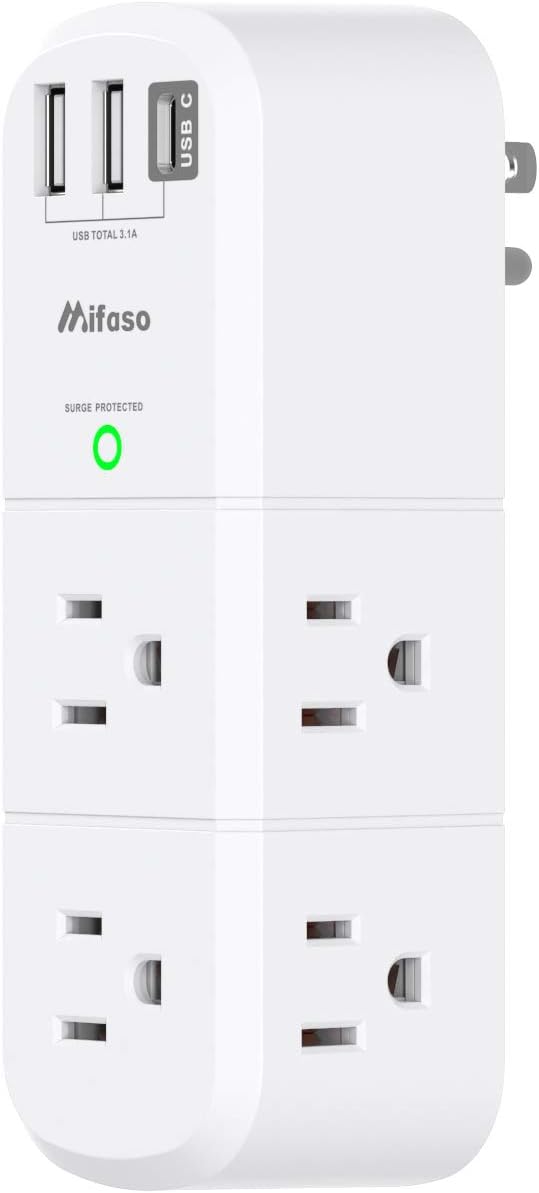 mifaso 3 sided swivel rotating plug surge protector with 6 ac multi plug wall outlets and 3 usb ports