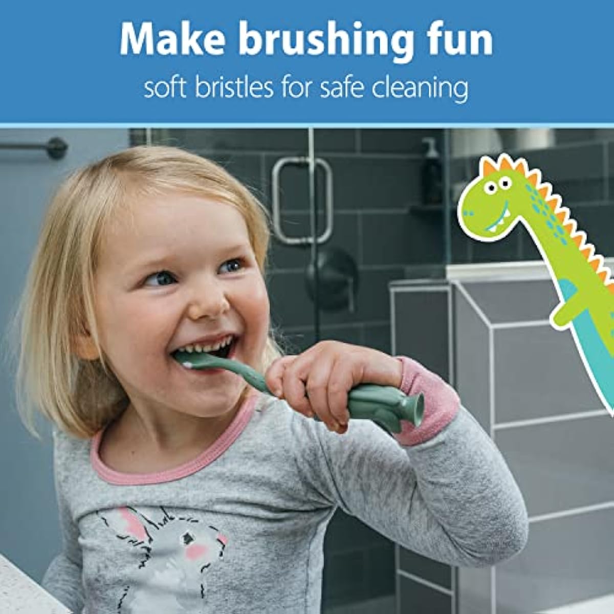 Dr Brown's Baby Toddler Toothbrush Green and Orange Dinosaur 2-Pack Ages 1-4 Years Soft Bristles Suction Cup Base