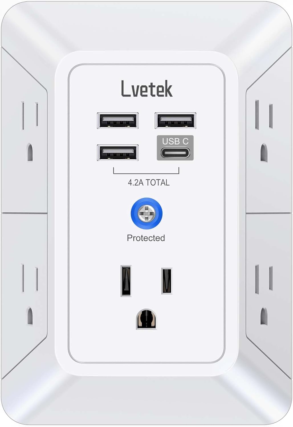 5 outlet wall extender with 4 USB charging ports, 3-sided surge protector, ETL listed, white
