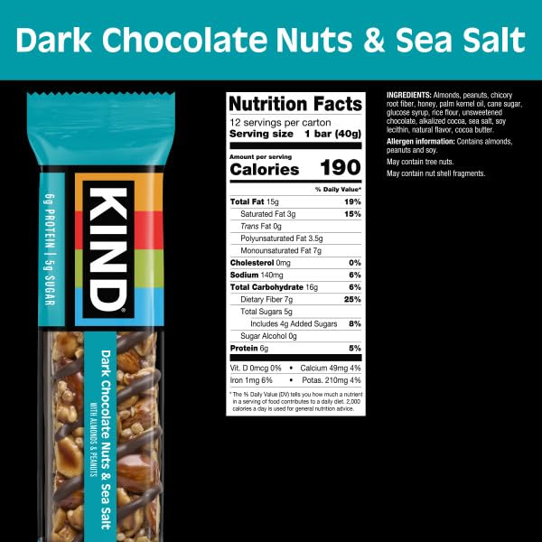 KIND Dark Chocolate Nuts and Sea Salt 12-count snack bars, gluten free, low sugar, 6g protein