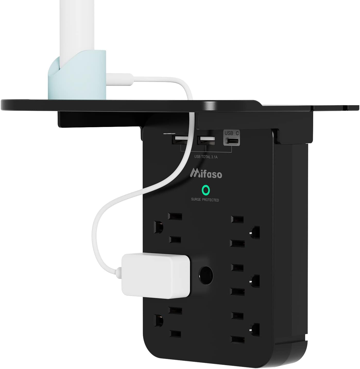 wall outlet extender with 6 ac outlets, shelf, 2 usb & usb c charging ports - compact plug expander