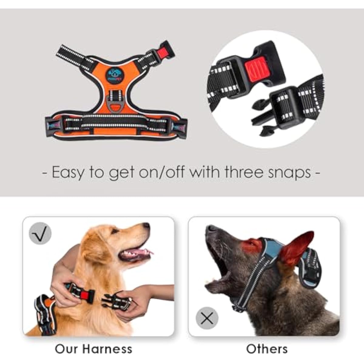 phoepet medium reflective dog harness with handle adjustable 2 metal rings orange