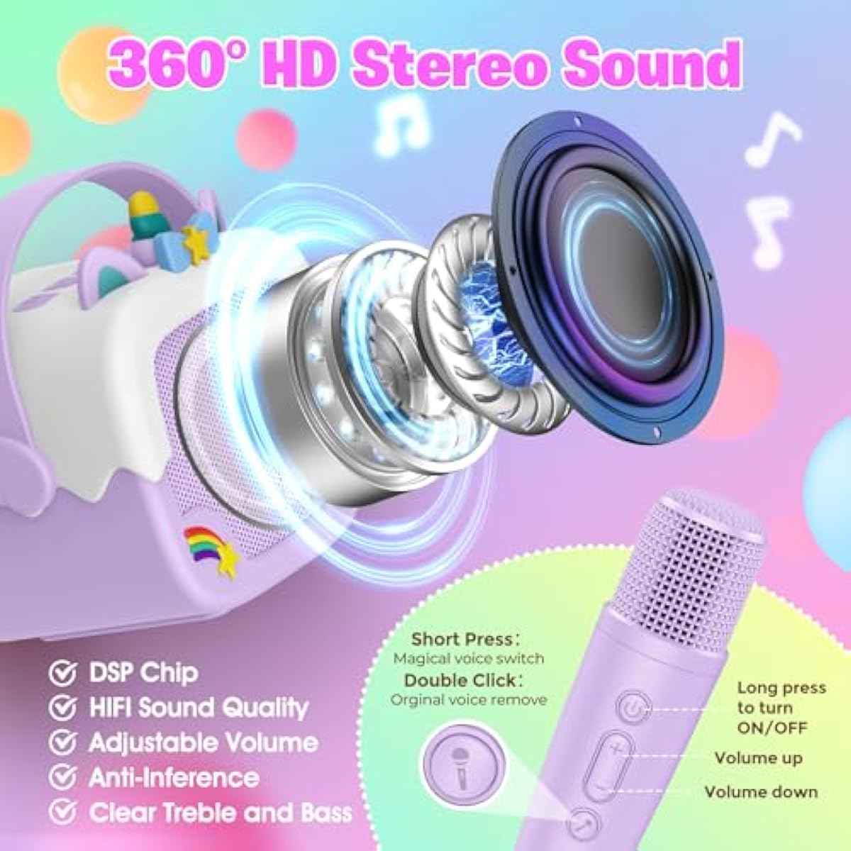 Mini Karaoke Machine for Kids Girls: Unicorn Portable Bluetooth Speakers with 2 Wireless Mic Toys for Girls Age 4-6 7 8 9 Years Old Girl Easter Birthday Gifts for 5 6 7 8 9 10 11 Years Teens Purple