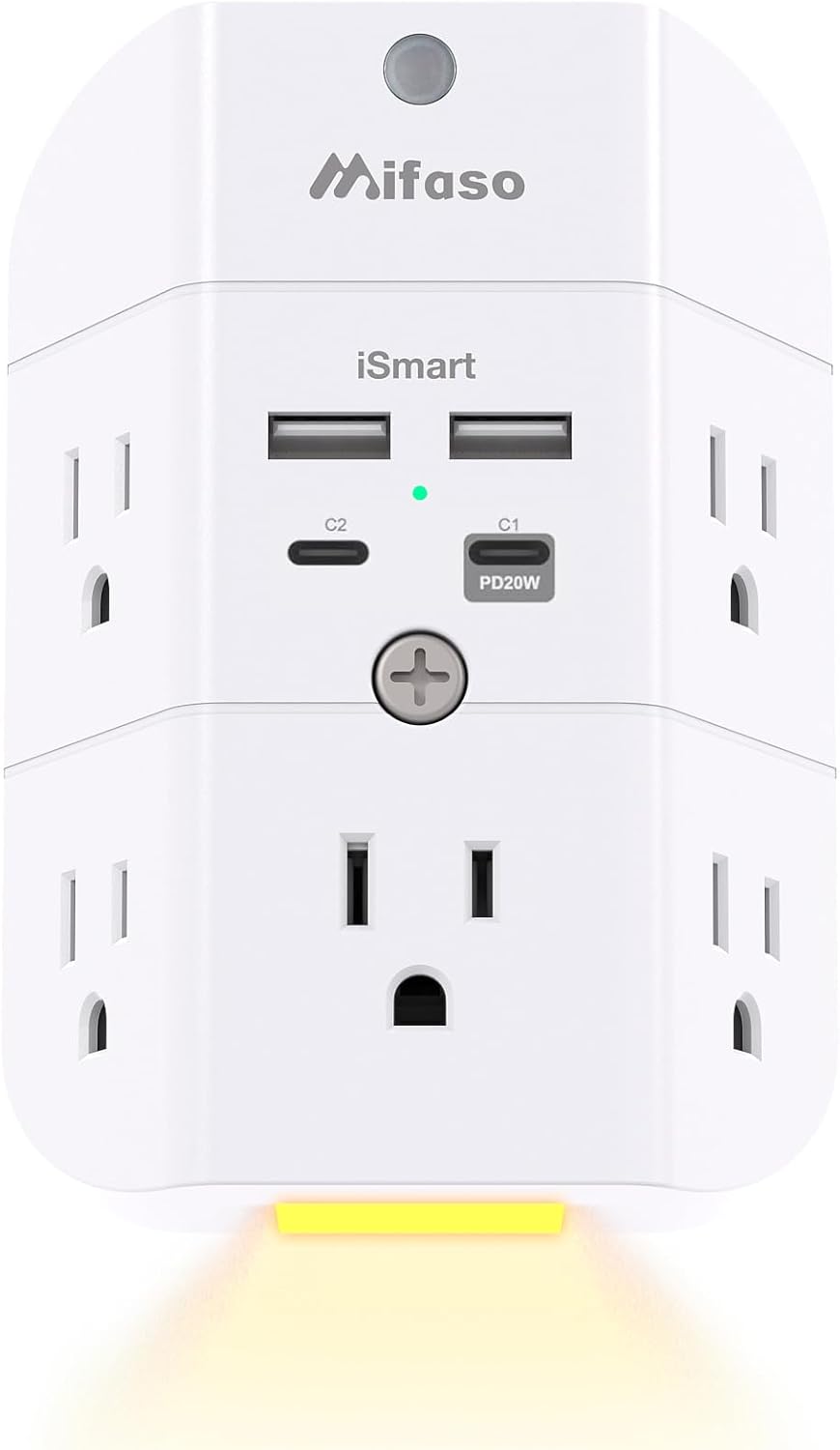 Surge protector outlet extender with night light, 5-outlet splitter, and 4 USB ports for home and dorm room essentials