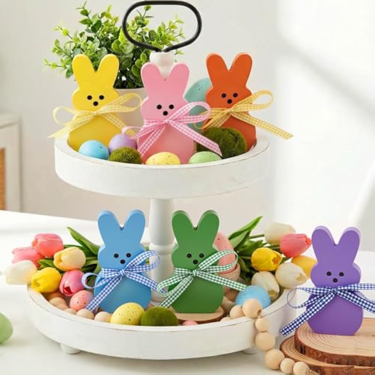 Easter Decorations for Home, 6 Pcs Wooden Bunny Table Decorations Signs with DIY Ribbons, Indoor Spring Easter Decor for Office Bedroom Kitchen Tiered Tray Mantel Shelf, 4.28 Inch