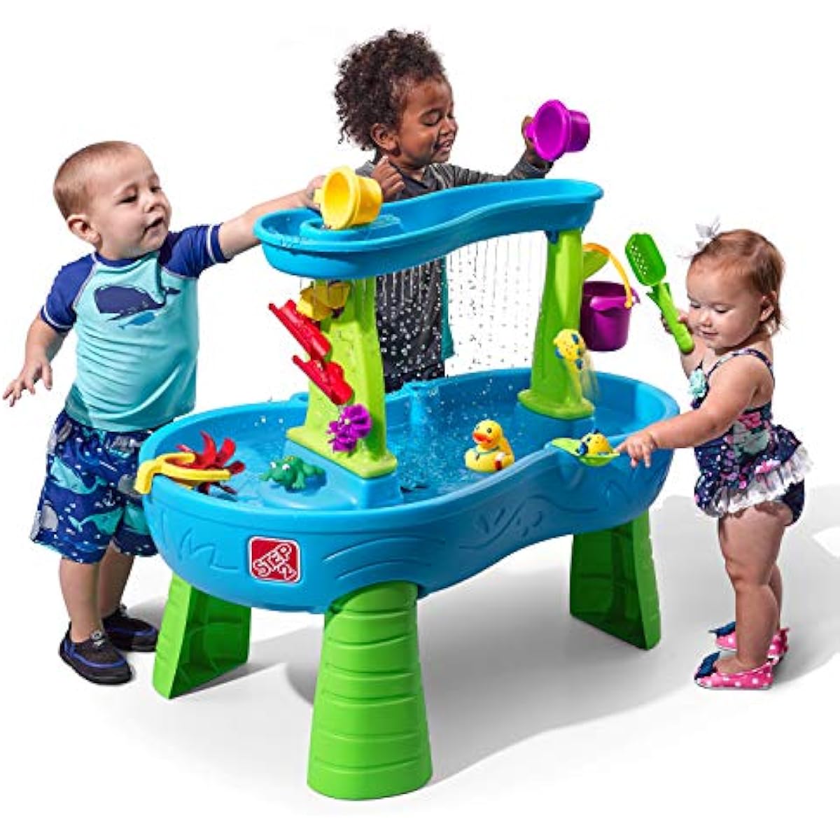 Step2 Rain Showers Splash Pond Water Table, Kids Water and Sand Activity Sensory Playset, Summer Outdoor Toys, 13 Piece Water Toy Accessories, For Toddlers 1.5+ Years Old, Blue & Green