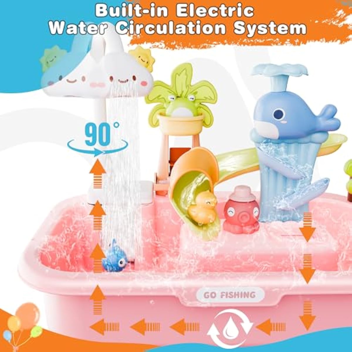 2026 Upgraded Water Table for Toddlers 3+, Water Table for Kids Ages 4-8 with Pump, Play Sink with Running Water, Kitchen Sink for Toddlers, Fishing Game and Outside Sensory Toys (Pink)