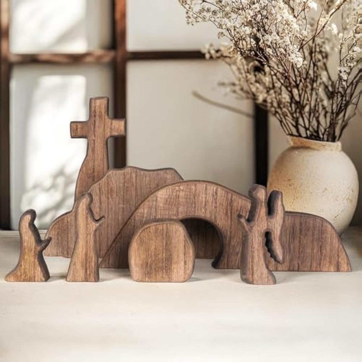 Nerosun wooden Easter resurrection scene and cross decoration set for religious home office tabletop