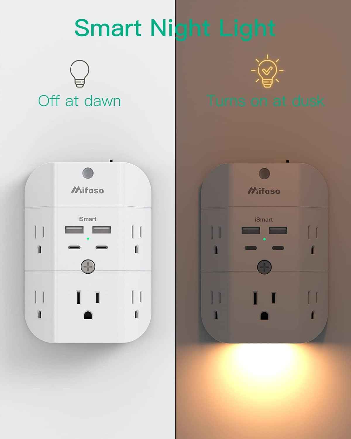 Surge Protector Outlet Extender - with Night Light, 5-Outlet Splitter and 4 USB Ports (2 USB C Charger), Multi Plug Outlet for Home, Dorm Room Essentials