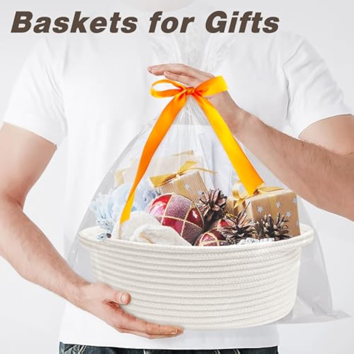 White small woven burr basket with gift bags and ribbons, 12" x 8" x 5", durable storage for gifts, baby toys, and living room essentials