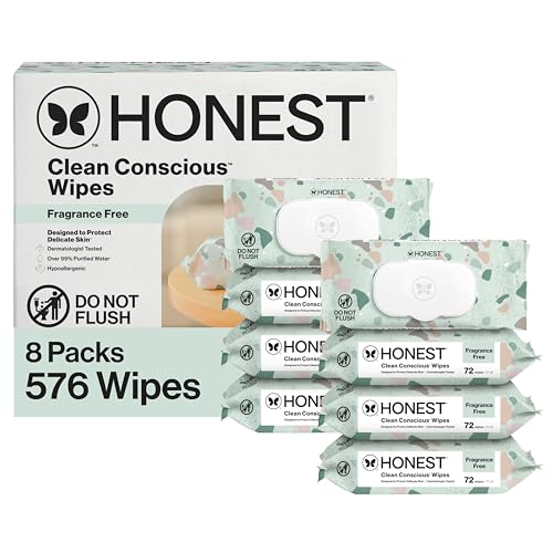 Honest Company Hypoallergenic Baby Wipes for Sensitive Skin, Fragrance-Free, 576 Count (6 Packs of 96)