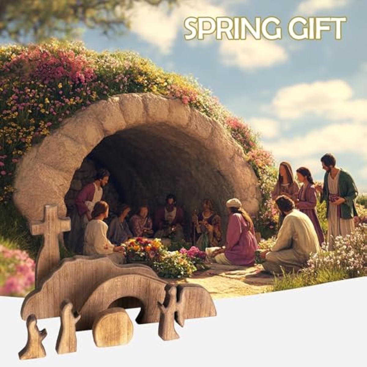 Nerosun wooden Easter resurrection scene and cross decoration set for religious home office tabletop