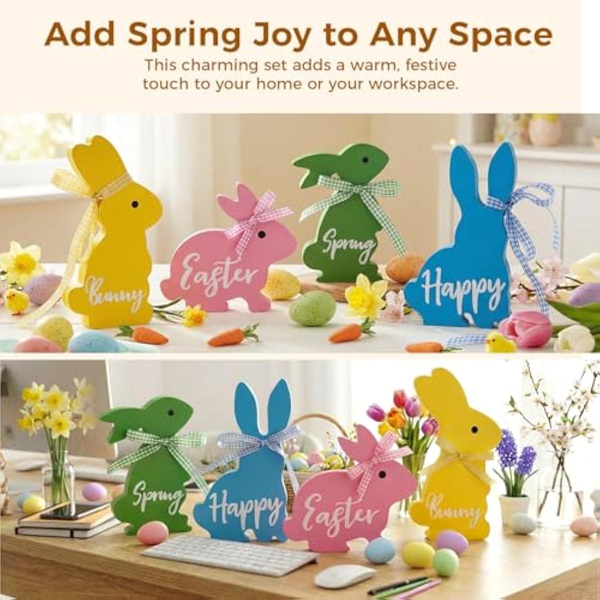 Easter Decor, 4 Pcs Bunny Spring Easter Decorations for Home Office Table, 5~6.4 Inches Wood Rabbit Easter Decorations Sign with Ribbons for Tiered Tray Mantel Shelf, Farmhouse Party Supplies