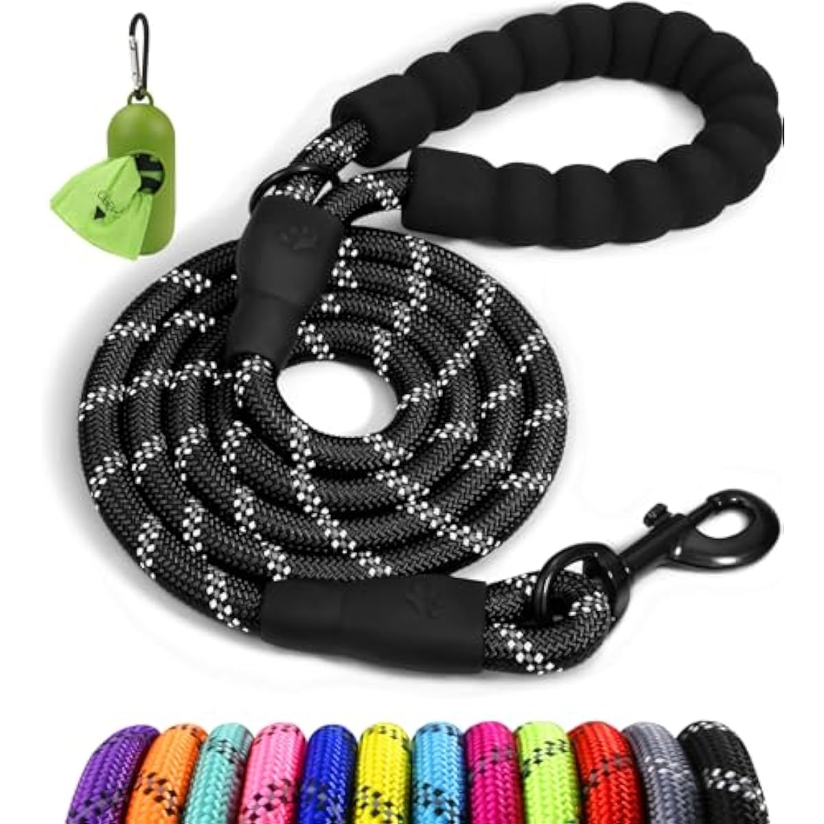 Taglory 6 FT Rope Dog Leash for Medium Large Dogs with Padded Handle, Reflective Threads, 1/2 inch, Black
