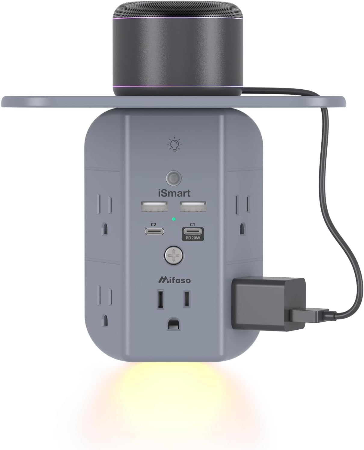 Mifaso 3-sided multi-plug power strip with shelf, night light, and surge protector, white