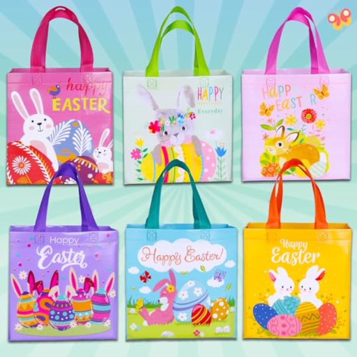 exun happy easter gift bags with handles, bunny carrot chick designs, reusable non-woven treat bags for party favors, gift wrapping, easter basket container, 6-pack, 9.1×8.7×4.5 inch