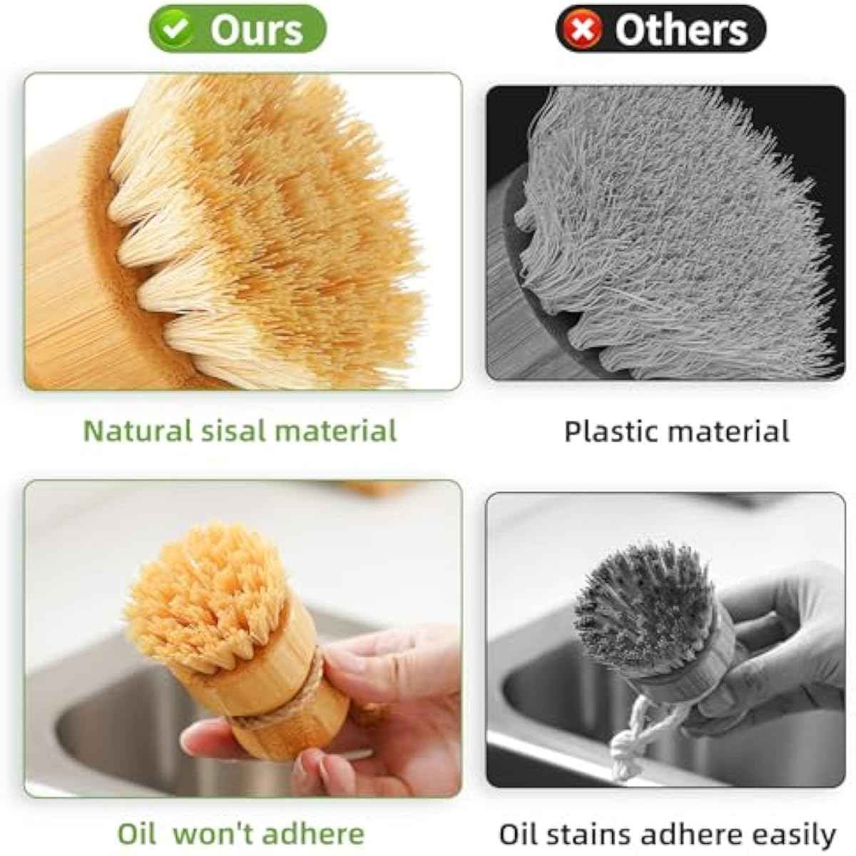 SUBEKYU Bamboo Dish Scrub Brush for Kitchen Sink, Natural Wooden Washing Dish Brush Scrubber with Sisal Bristles for Household Cleaning, Cast Iron Pots, Pans and Vegetables
