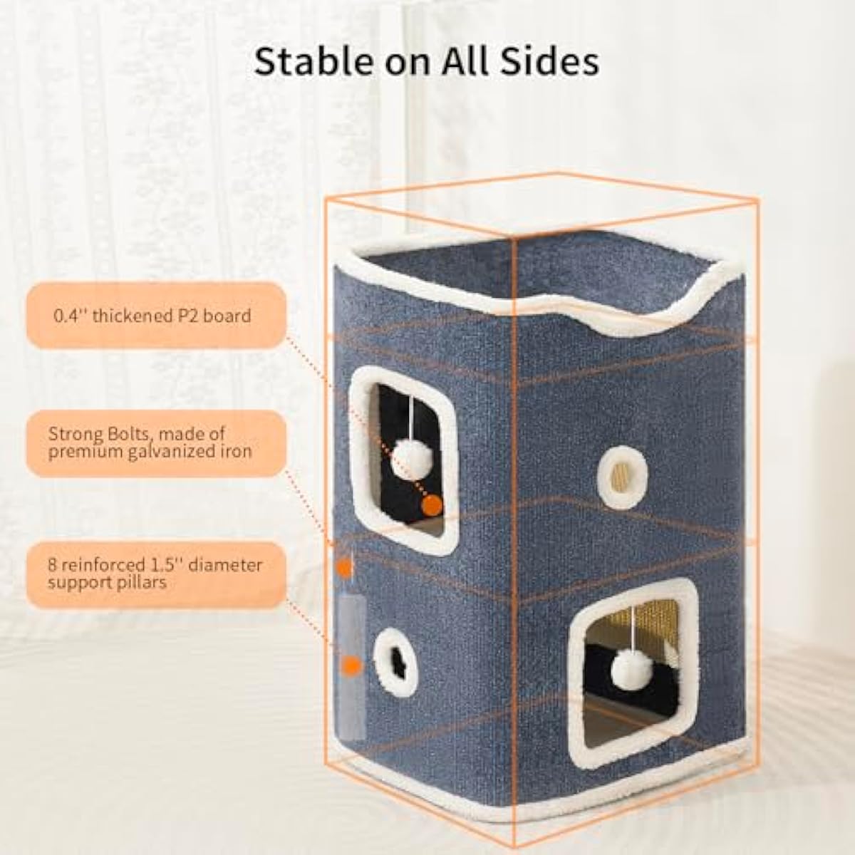 Cat House, 2-Story Cat Condo Cube with Scratch Pad, Fluffy Ball, and Multi-Level Hideout for Multiple Cats