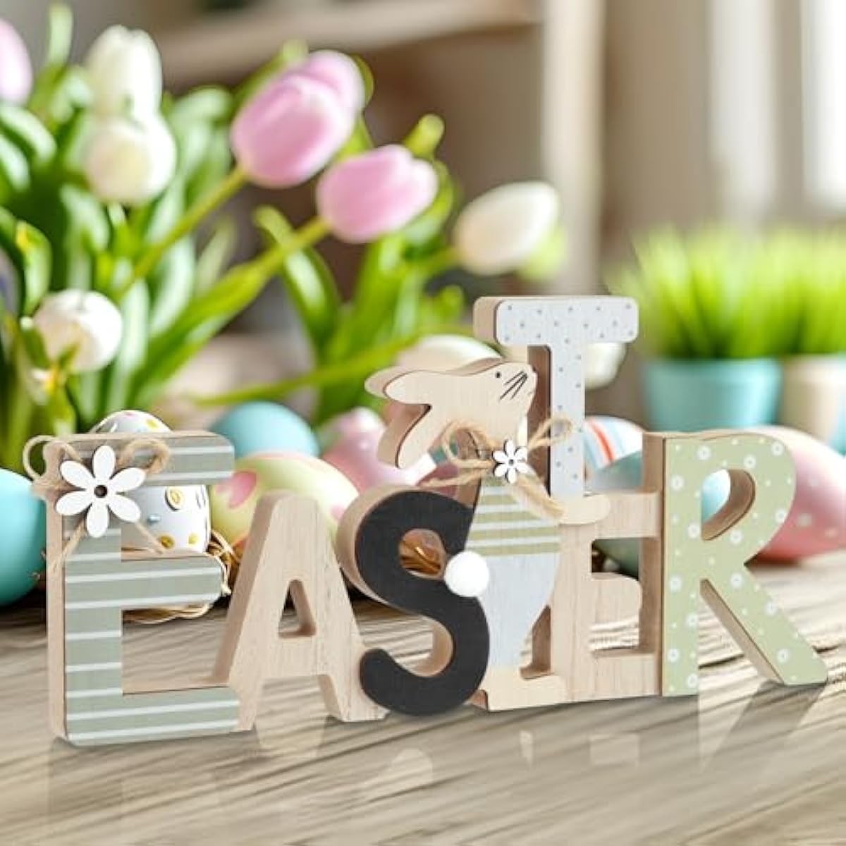 Farmhouse-style Wooden Bunny Easter Decorations for Home Indoor Tiered Tray Display