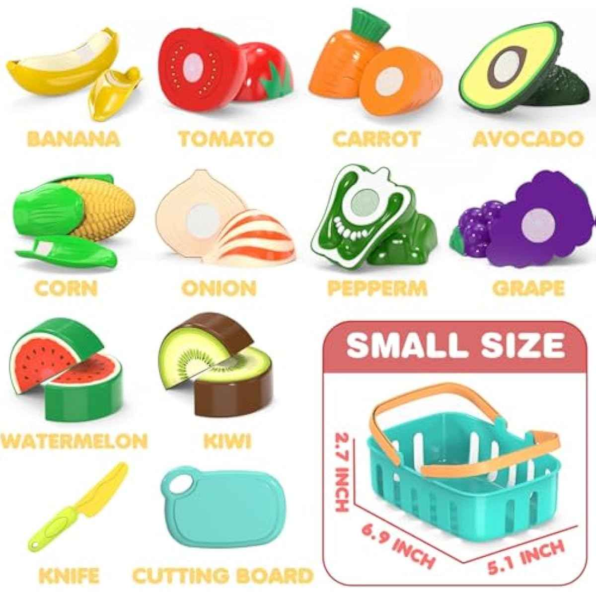 Cutting Play Food Toys For Kids, Pretend Play Kitchen Accessories, Fake Fruits/Vegetables Set With Shopping Storage Basket, Plastic Board And Knife, Birthday Gifts/Educational Toy For Toddler Children