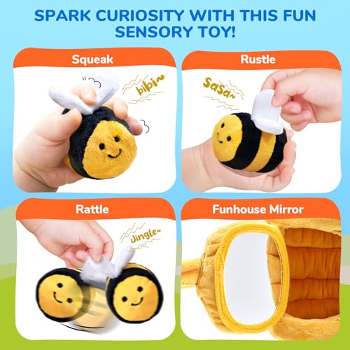 JoyCat soft baby beehive toy with 5 sensory bees for 6-12 months toddlers, rattle, crinkle paper, squeaker, mirror