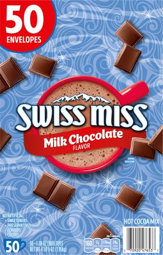 Swiss Miss milk chocolate hot cocoa mix, 1.38 oz, 50-count, bulk, packaging dimensions 13x18.5x29 cm, 4.8 pounds