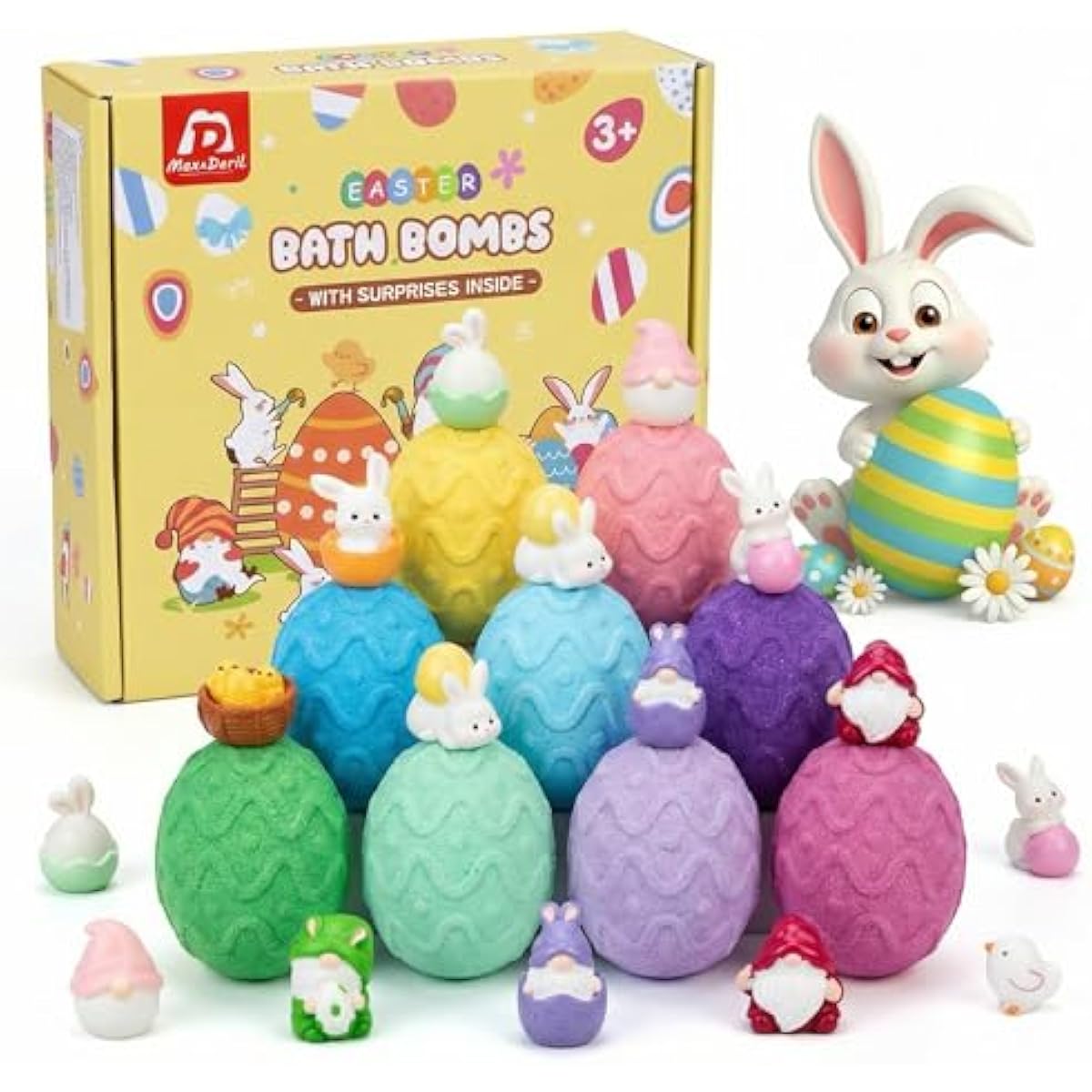 Easter Bath Bombs for Kids with Surprise Toys Inside, 9 PCS Easter Egg Bath Bombs, Easter Basket Stuffers, Bunny Gnome Chick Bubble Bath Fizzies, Egg Hunt Party Favors,Gifts for Boys Girls Age 3-10