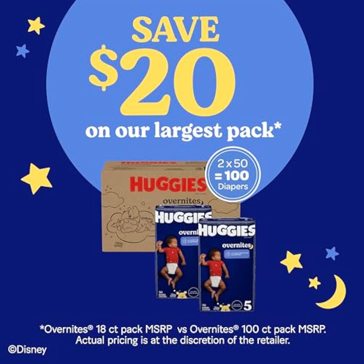 Huggies Overnites Size 5 Overnight Diapers, 50 Ct, 27+ lbs, Disney Designs