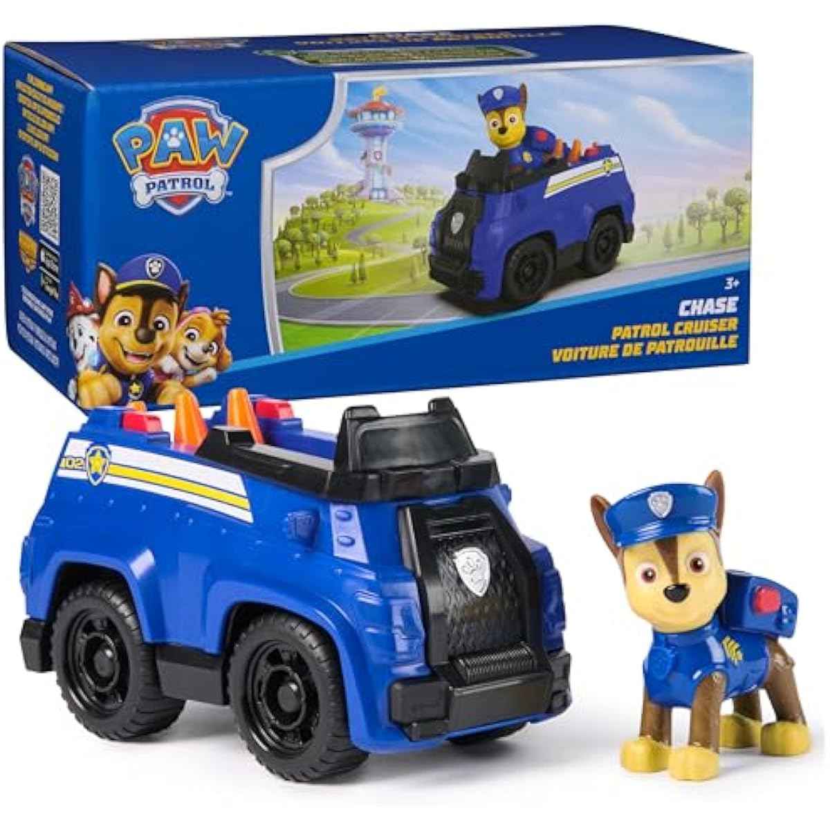 PAW Patrol, Chase’s Patrol Cruiser, Toy Car with Collectible Action Figure, Sustainably Minded Kids Toys for Boys & Girls Ages 3 and Up