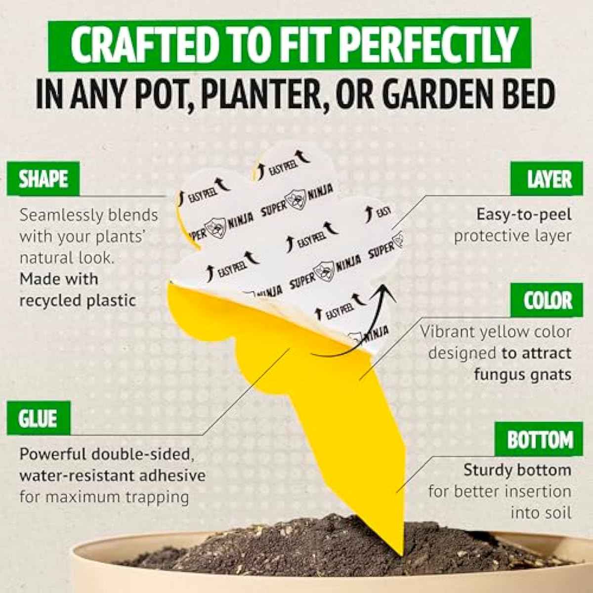 Super Ninja Fungus Gnat Traps - 30 Pack, Highly Effective Gnat Traps for House Indoor, Yellow Sticky Trap for Plants, Non-Toxic & Nature-Friendly, Up to 3 Months