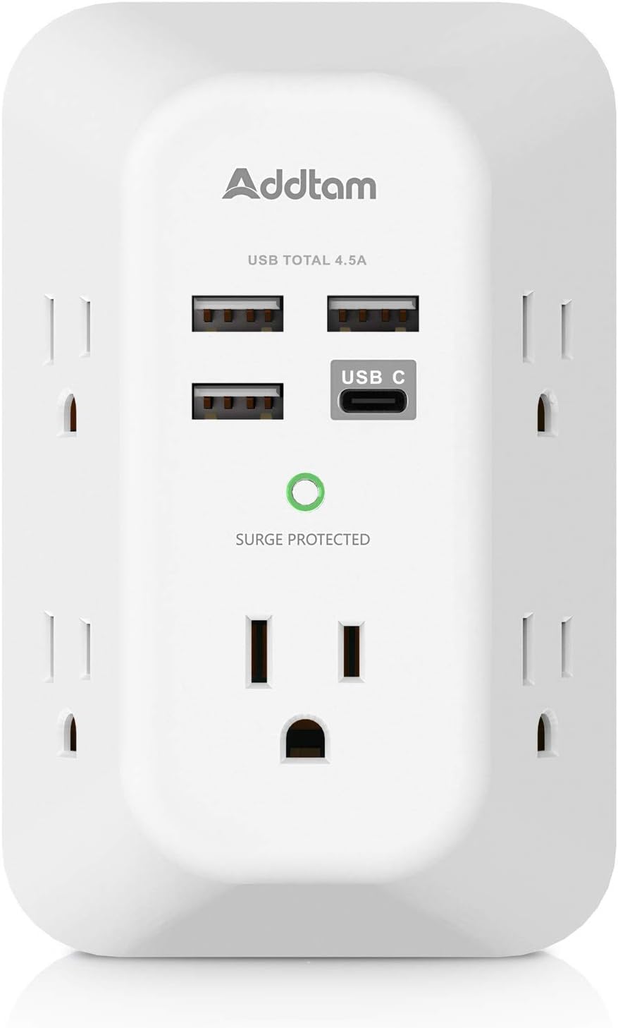 Addtam 5-Outlet USB Wall Charger Surge Protector with 4 USB Ports and 1 USB C Outlet 1800J Power Strip