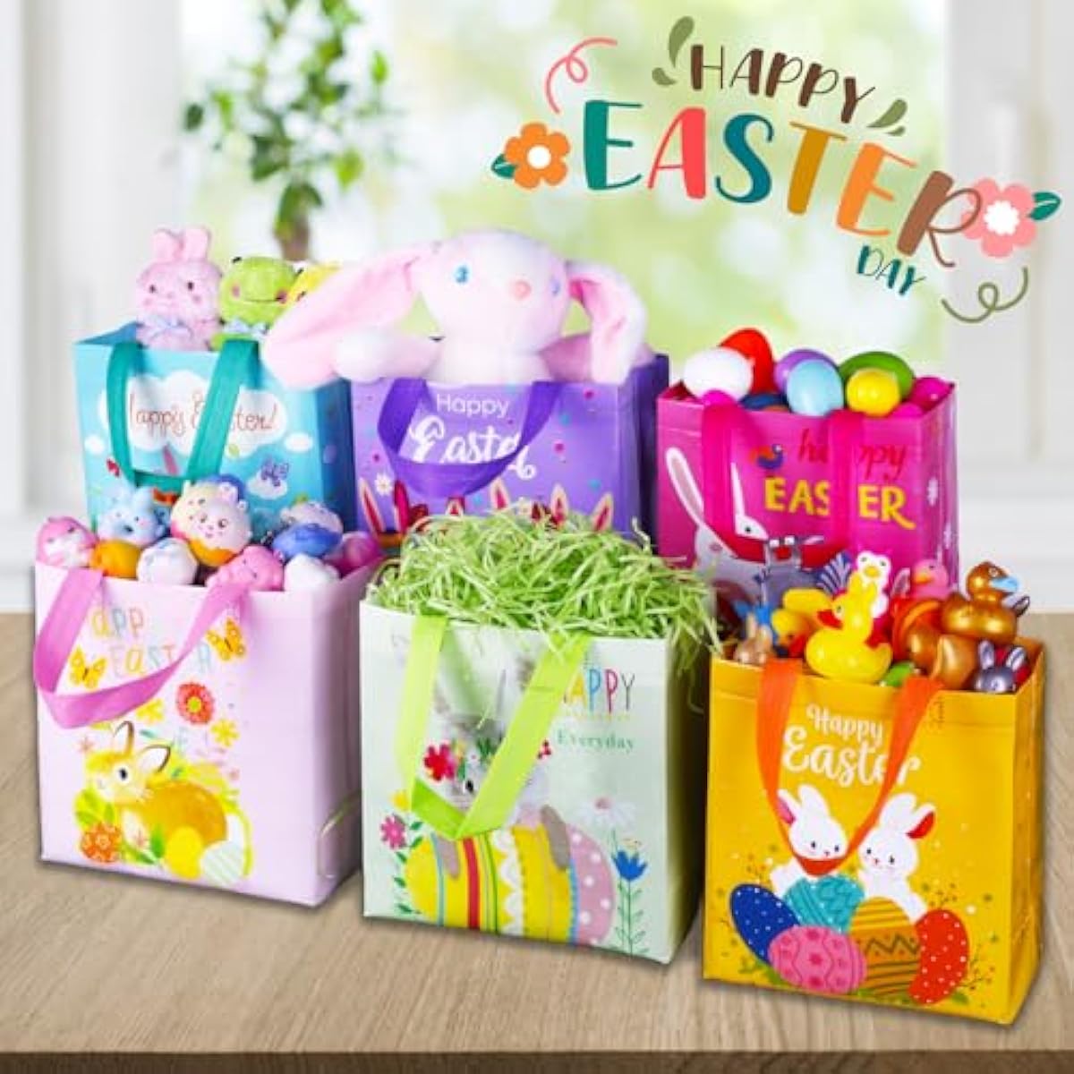 exun happy easter gift bags with handles, bunny carrot chick designs, reusable non-woven treat bags for party favors, gift wrapping, easter basket container, 6-pack, 9.1×8.7×4.5 inch
