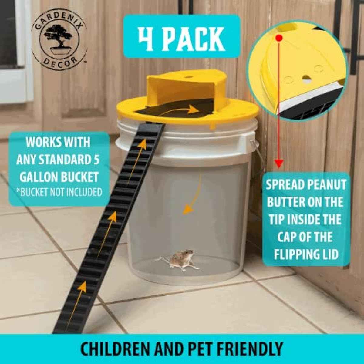Mouse Trap Bucket- 5 Gallon Bucket Lid Mouse Rat Trap 4 Pack - Automatic Reset Flip and Slide Mouse Trap - Humane Mouse Rat Traps for Indoor Outdoor Use - Reusable Mouse Trap