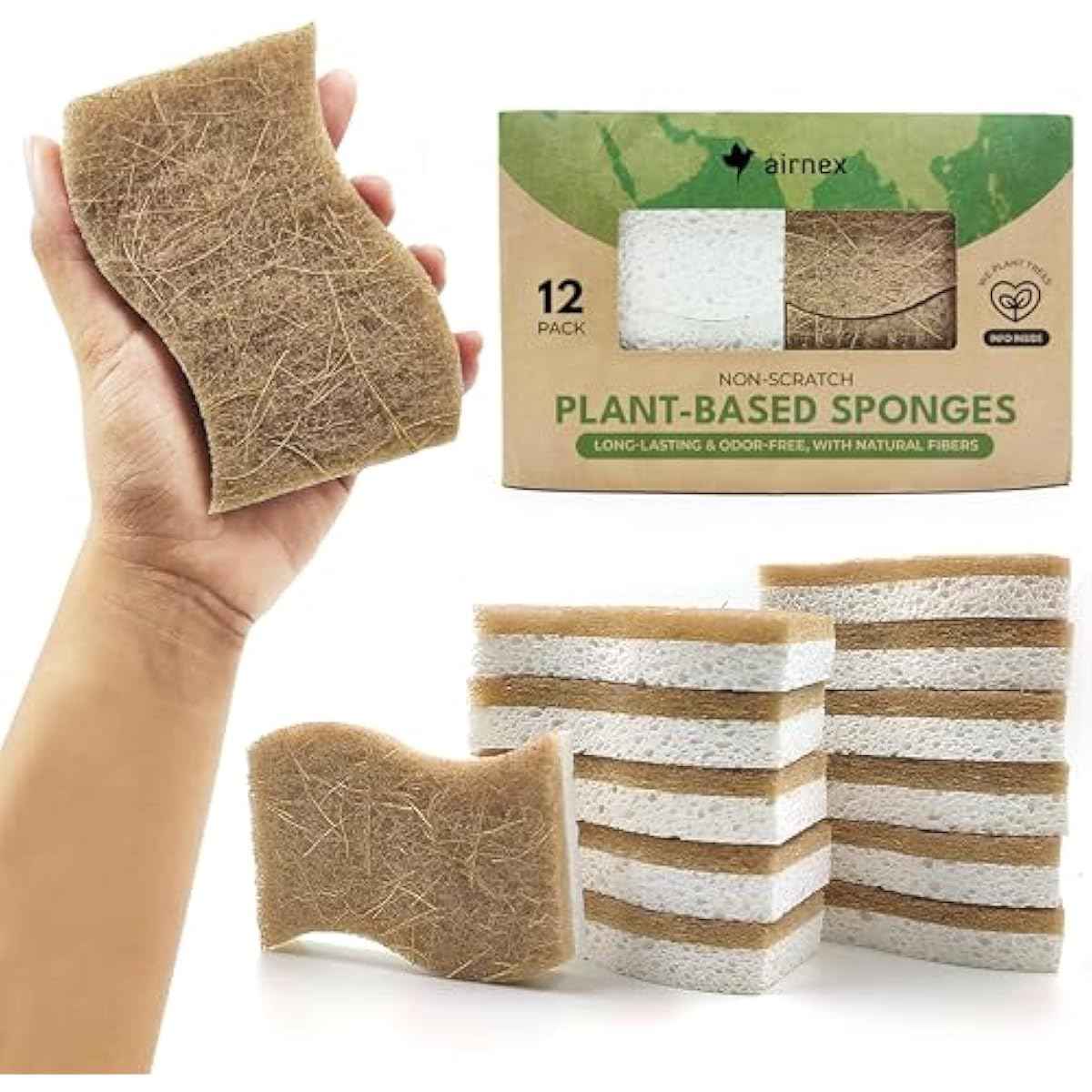 Biodegradable Natural Kitchen Sponge - Compostable Cellulose and Coconut Walnut Scrubber Sponge (12 Pack)