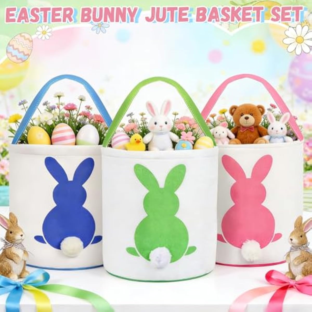 3 pcs canvas bunny print easter egg hunt gift basket with fluffy tails for kids party decoration