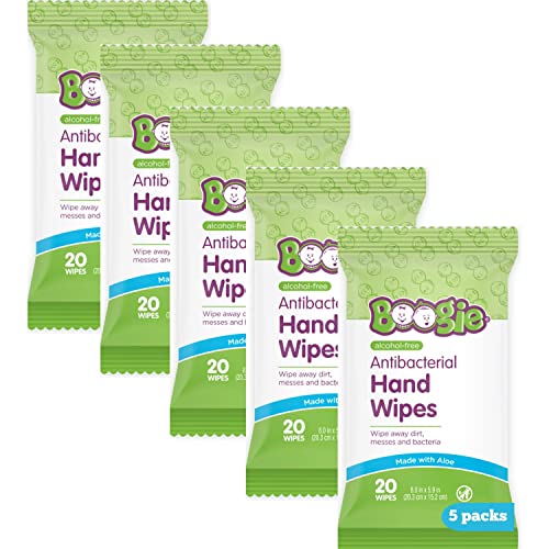 Boogie Antibacterial Hand Wipes, 100 Total Wipes, 5 Packs of 20, Alcohol Free, Hypoallergenic, Moisturizing Aloe for Kids and Adults