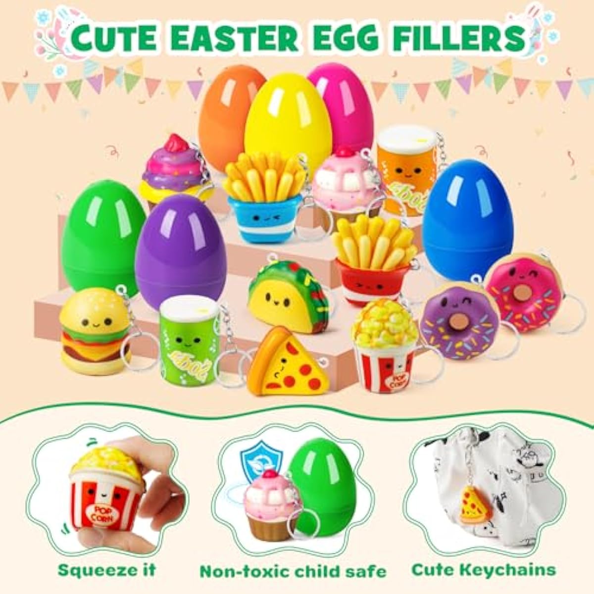 12 Pack Prefilled Easter Eggs with Food Squishy Toys Keychains, Easter Eggs Filled for Kids Easter Egg Hunt Easter Basket Stuffers Goodie Bag Fillers School Classroom Gifts
