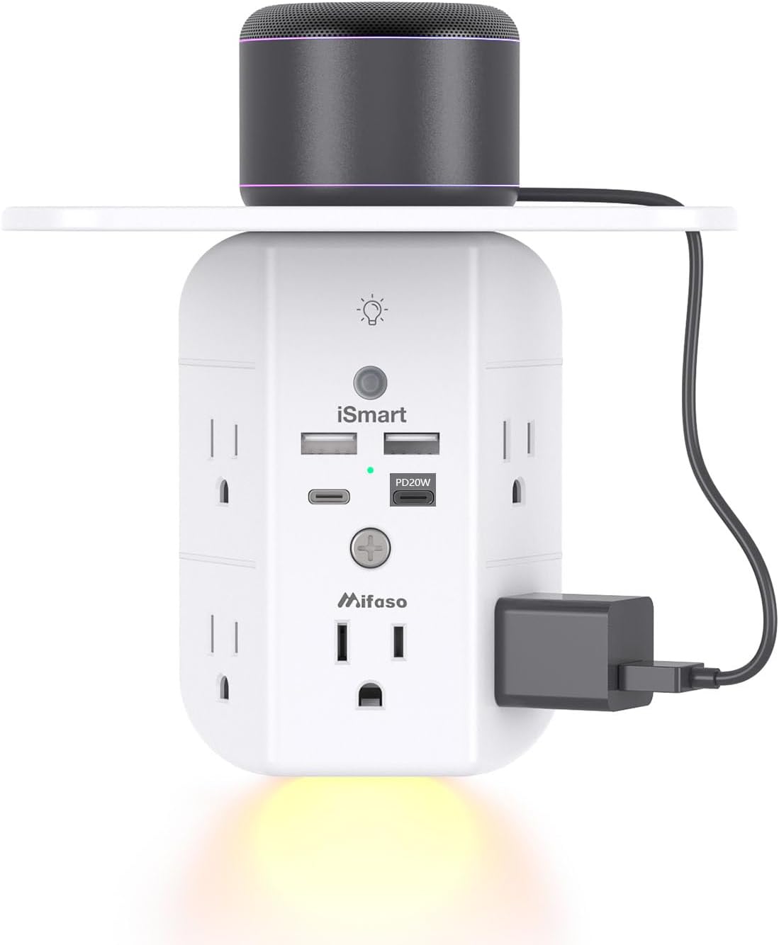 Mifaso 3-sided multi-plug power strip with shelf, night light, and surge protector, white