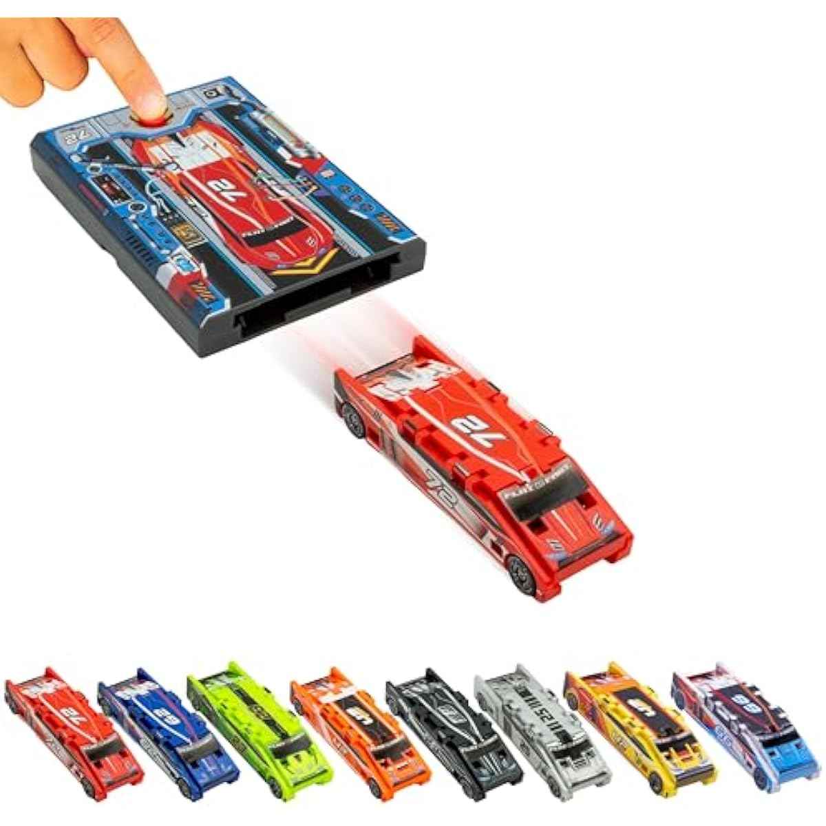 FLAT 2 FAST Original Stunt Card Racer – Flat Car Racer and Pocket Size Racecar Launcher with Built-in Button for Stunt Launching and Racing – Compact – Crimson Red