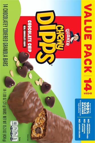 Quaker Chewy Dipps Granola Bars, Chocolate Chip, 14 Count, 1.09 oz, 100% Whole Grains, No Artificial Preservatives